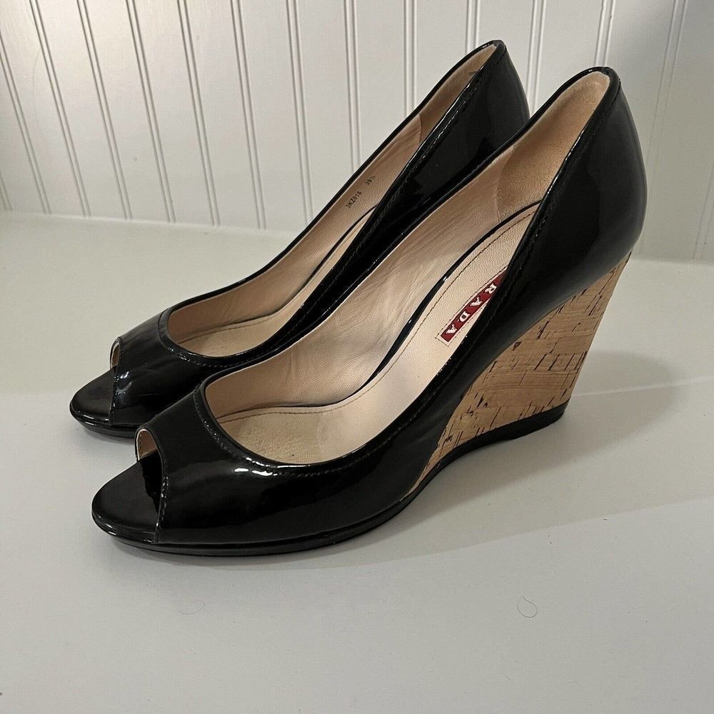 PRADA Peep Toe Cork Wedge Heel Pump Shoe Black Patent Leather EUR 39.5 / 8.5